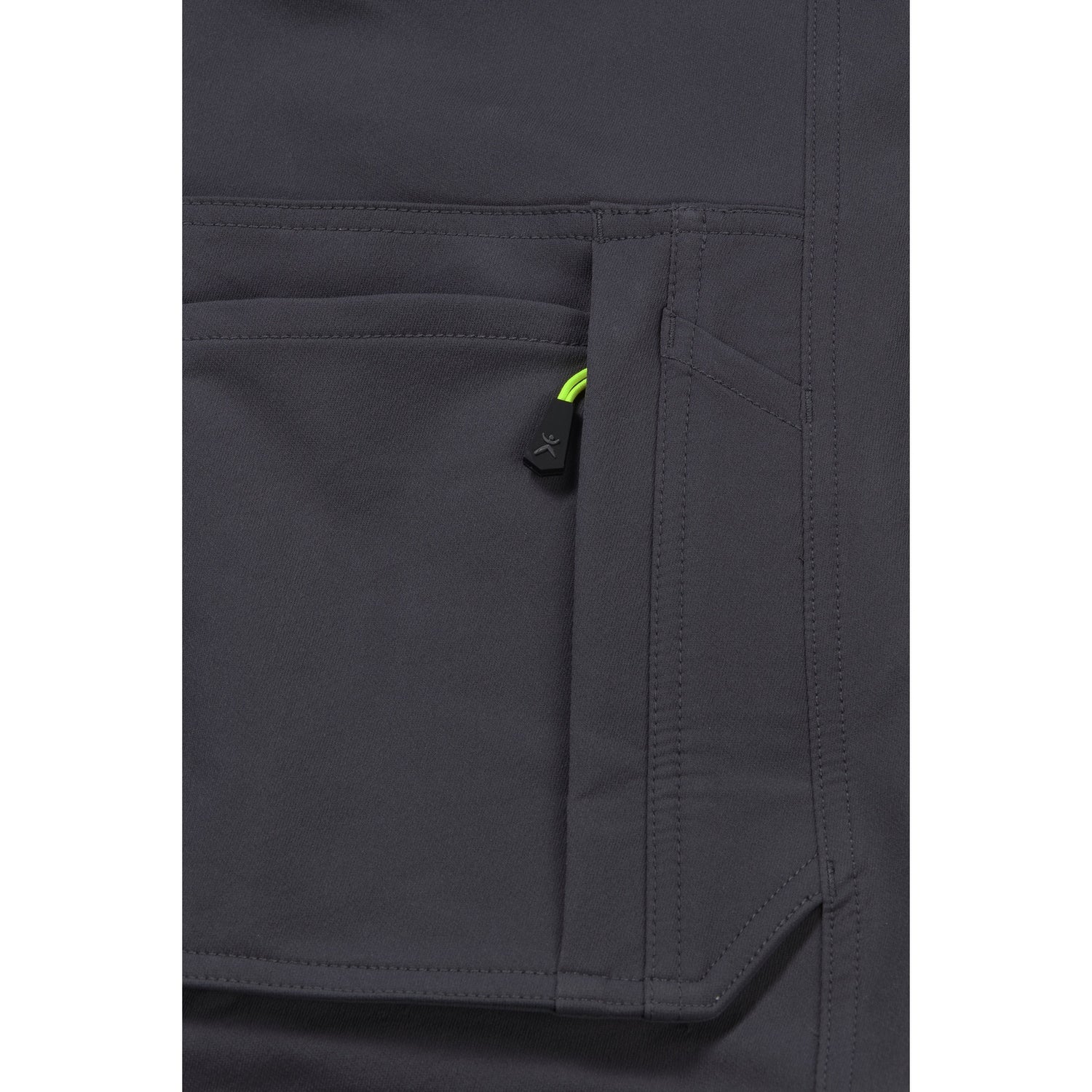 Planam rECOline Trousers camouflage/black - Right thigh pocket with yellow zip