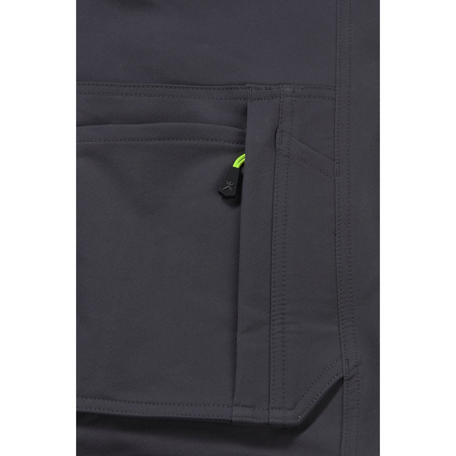Planam rECOline Trousers black/black - Right thigh pocket with yellow zip